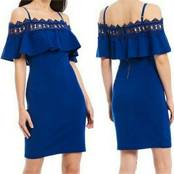 I.N. SAN FRANCISCO Mini Cocktail Dress Blue Off Shoulder Lace Ruffle Size 11 - Picture 1 of 10